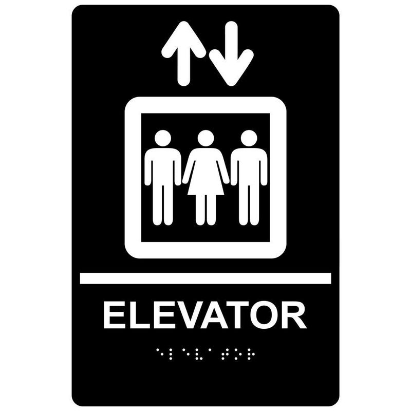 ComplianceSigns.com Elevator Braille Sign, ADA-Compliant Braille and Raised Letters, 9x6 inch White on Black Acrylic with Adhesive Mounting Strips - Image 1